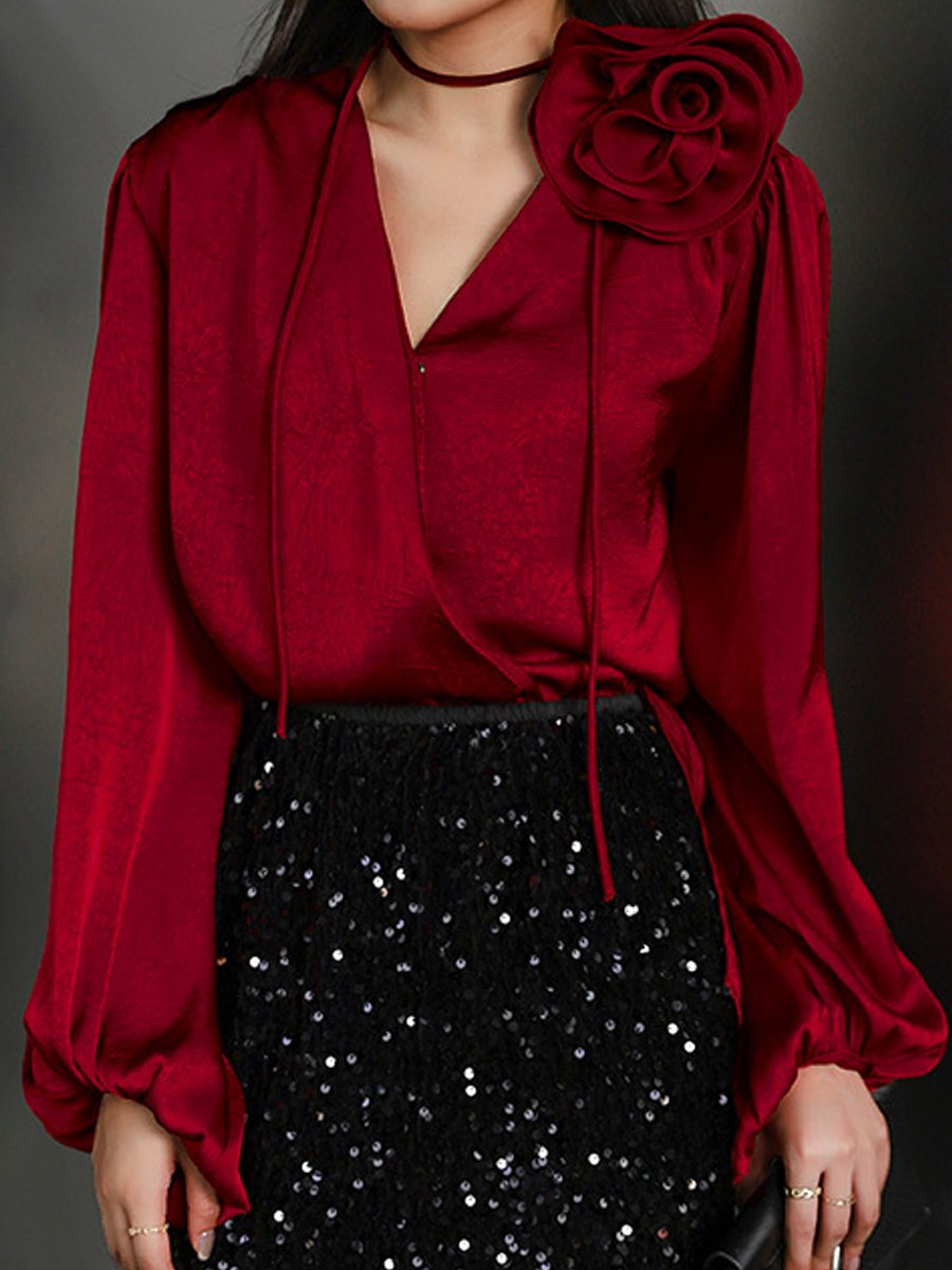 Stylish Wrap Blouse with Floral Accent Stylish Wrap Blouse with Floral Accent