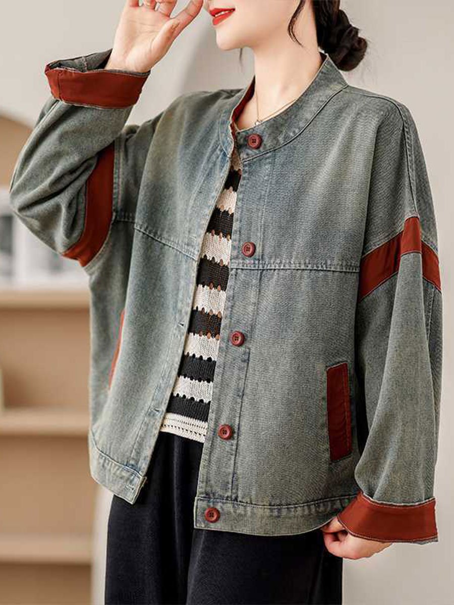 Casual Button-Up Denim Jacket with Brown Accent Trim Casual Button-Up Denim Jacket with Brown Accent Trim