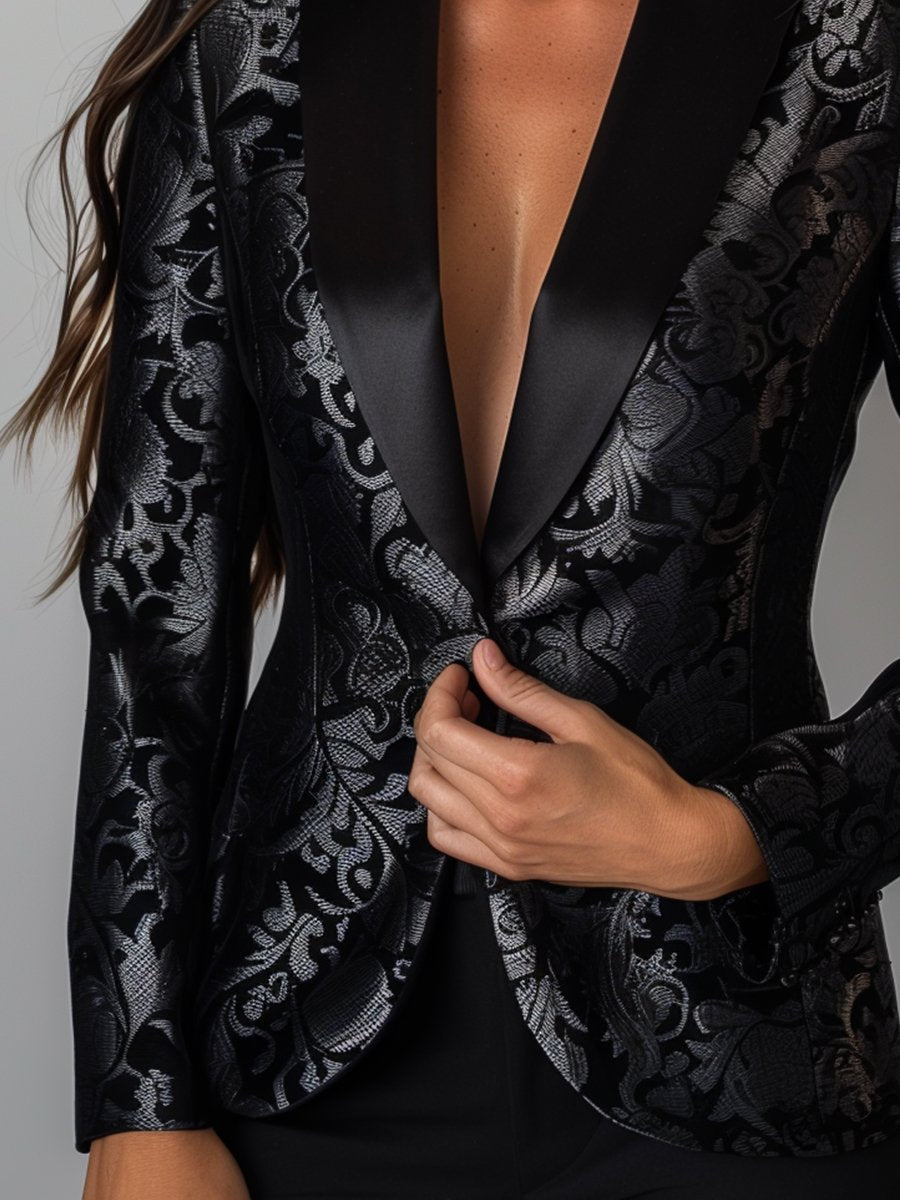 Luxury Black and Silver Floral Jacquard Blazer Luxury Black and Silver Floral Jacquard Blazer