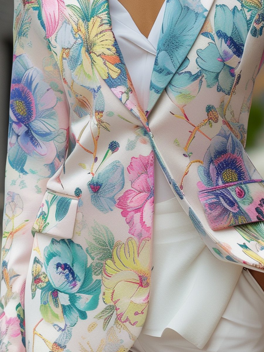 Pastel Satin Blazer Adorned with Colorful Floral Prints Pastel Satin Blazer Adorned with Colorful Floral Prints