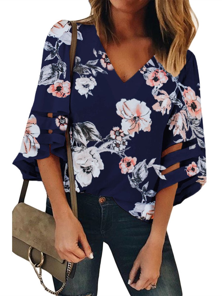 V-neck Bell Sleeve Loose T-shirt V-neck Bell Sleeve Loose T-shirt