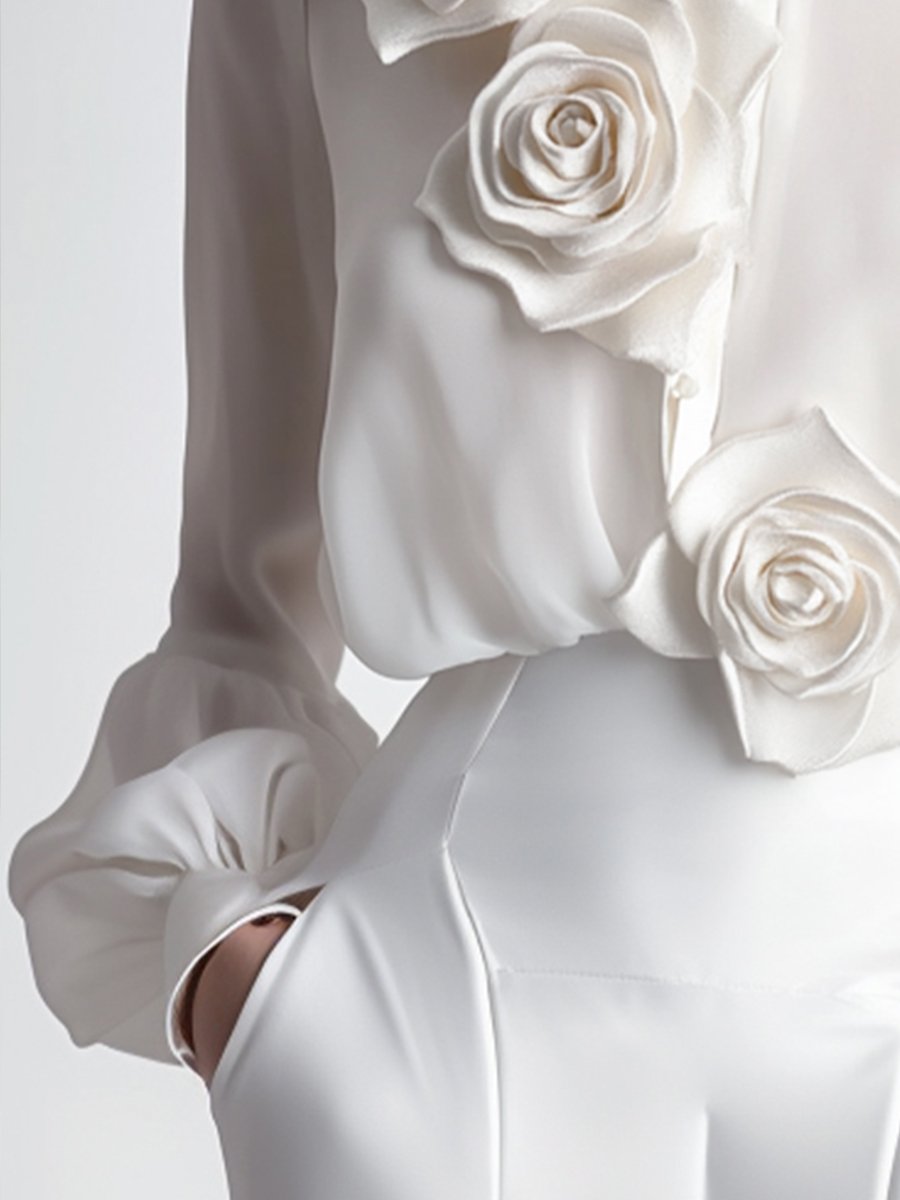 Modern White Blouse with 3D Rose Accents Modern White Blouse with 3D Rose Accents