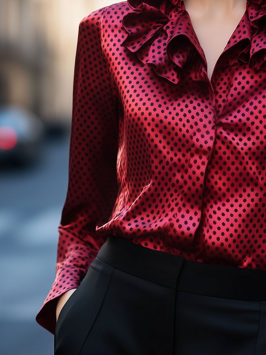 Red Polka Dot Satin Blouse with Ruffle Accents Red Polka Dot Satin Blouse with Ruffle Accents