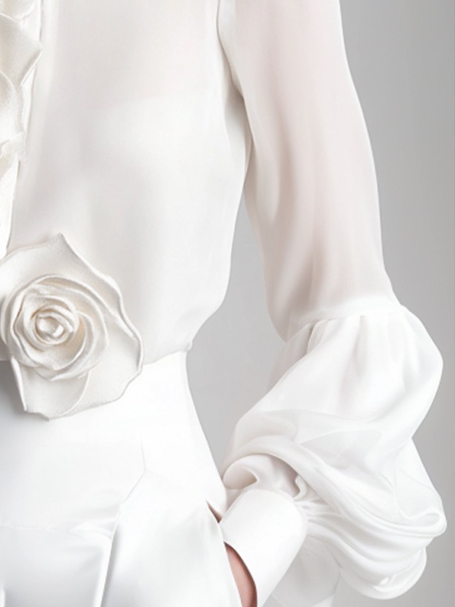 Modern White Blouse with 3D Rose Accents Modern White Blouse with 3D Rose Accents