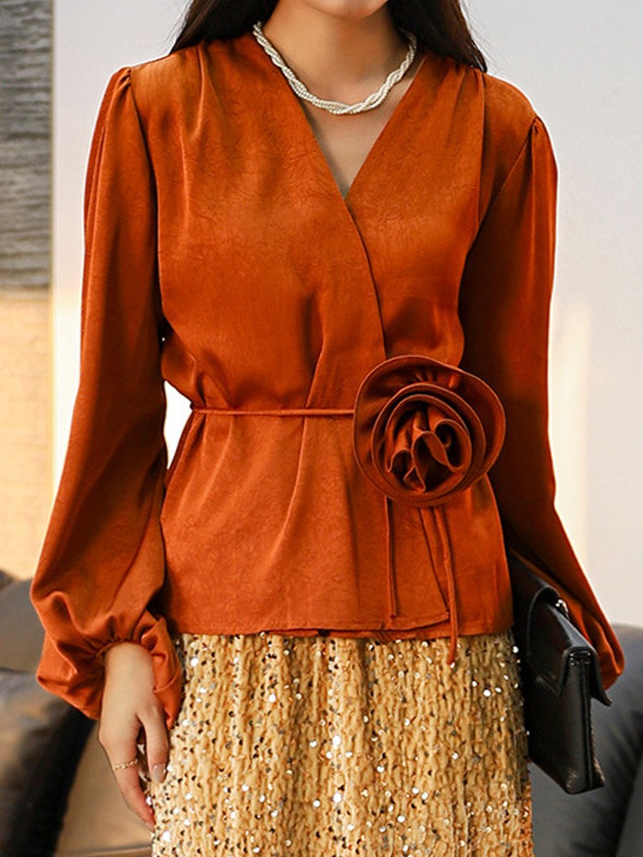 Stylish Wrap Blouse with Floral Accent Stylish Wrap Blouse with Floral Accent
