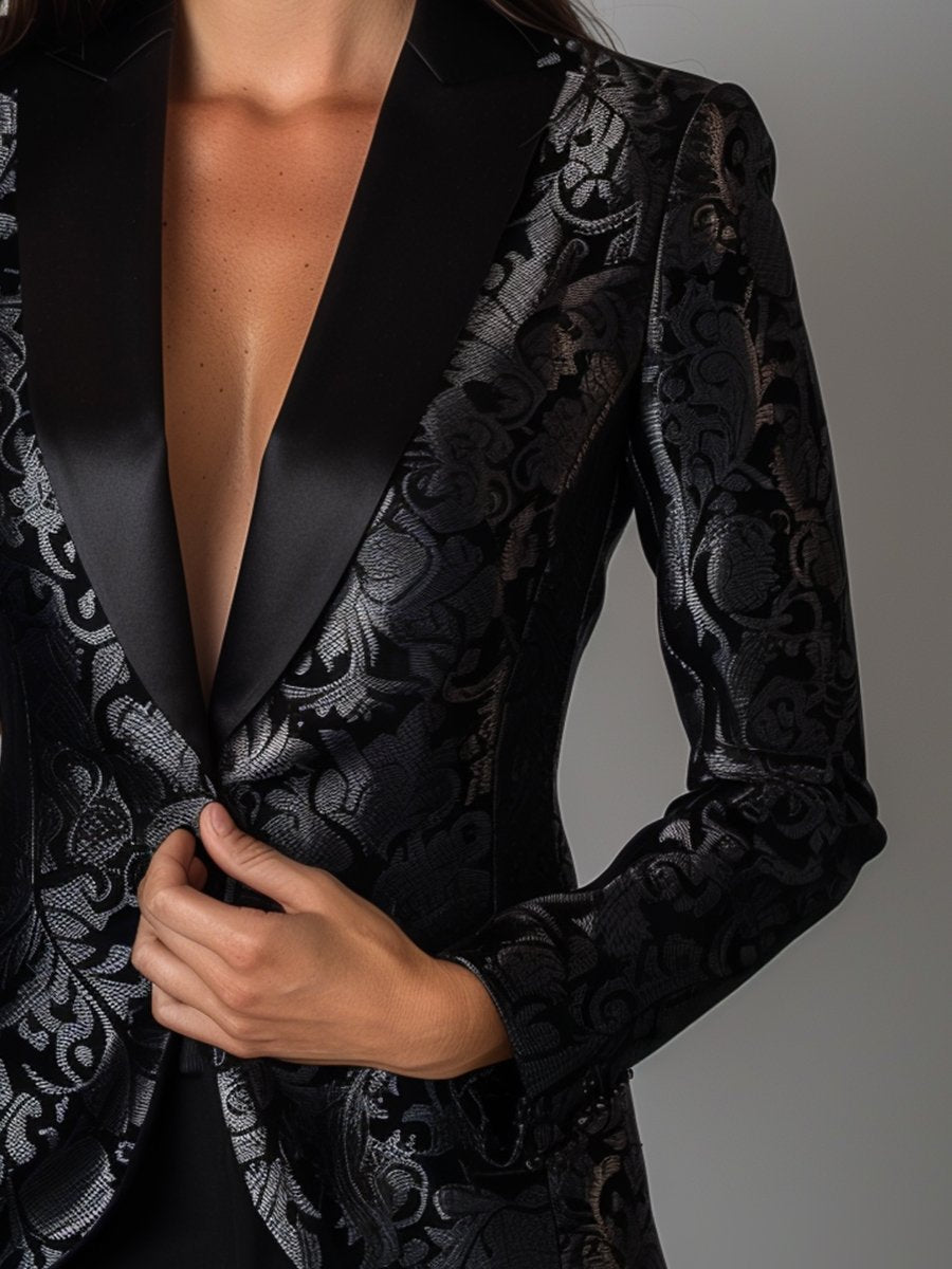 Luxury Black and Silver Floral Jacquard Blazer Luxury Black and Silver Floral Jacquard Blazer