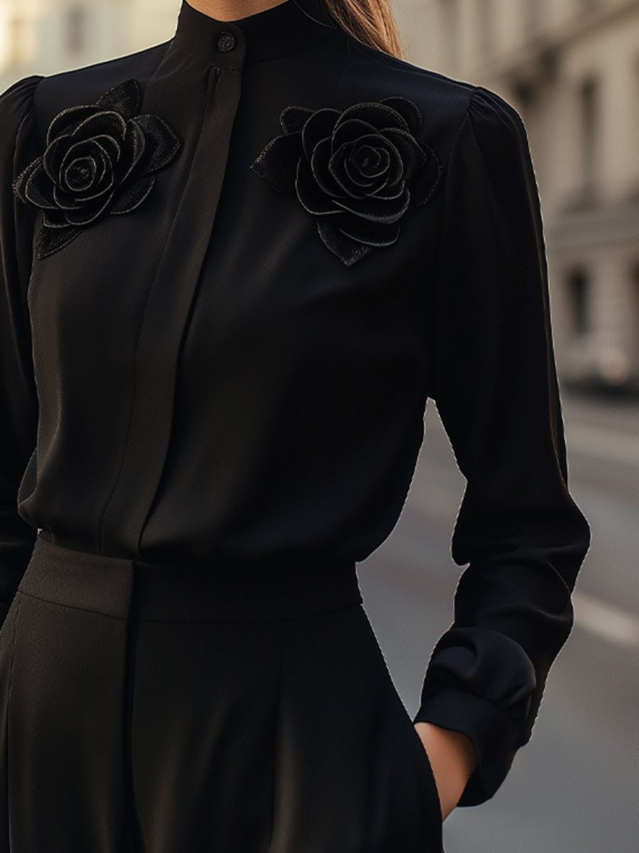 Sleek Black Blouse with Dimensional Rose Accents Sleek Black Blouse with Dimensional Rose Accents