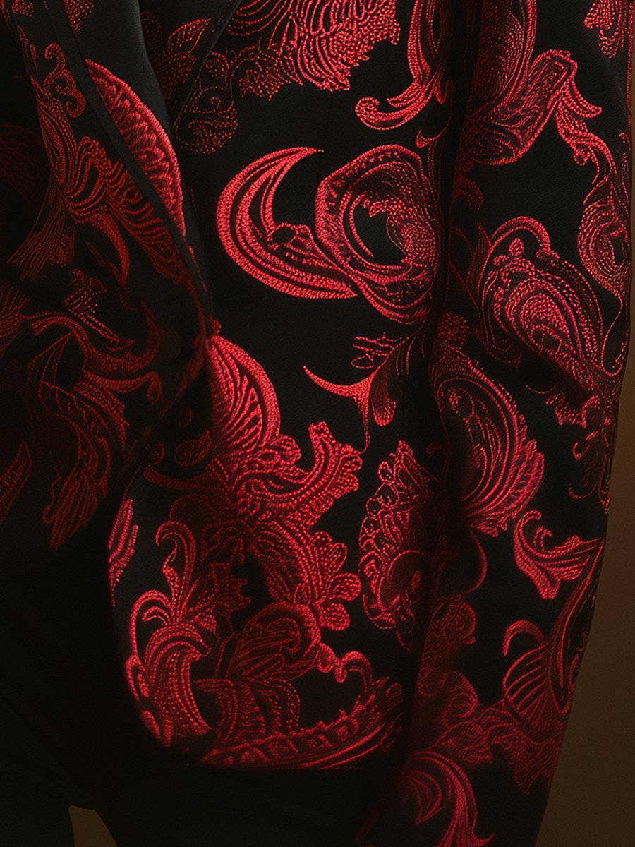 Refined Black Satin Jacquard Blazer with Red Baroque Design Refined Black Satin Jacquard Blazer with Red Baroque Design