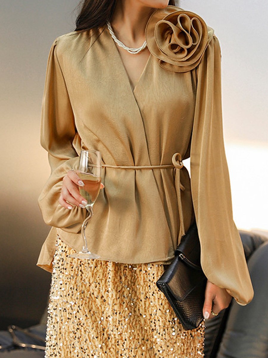 Stylish Wrap Blouse with Floral Accent Stylish Wrap Blouse with Floral Accent