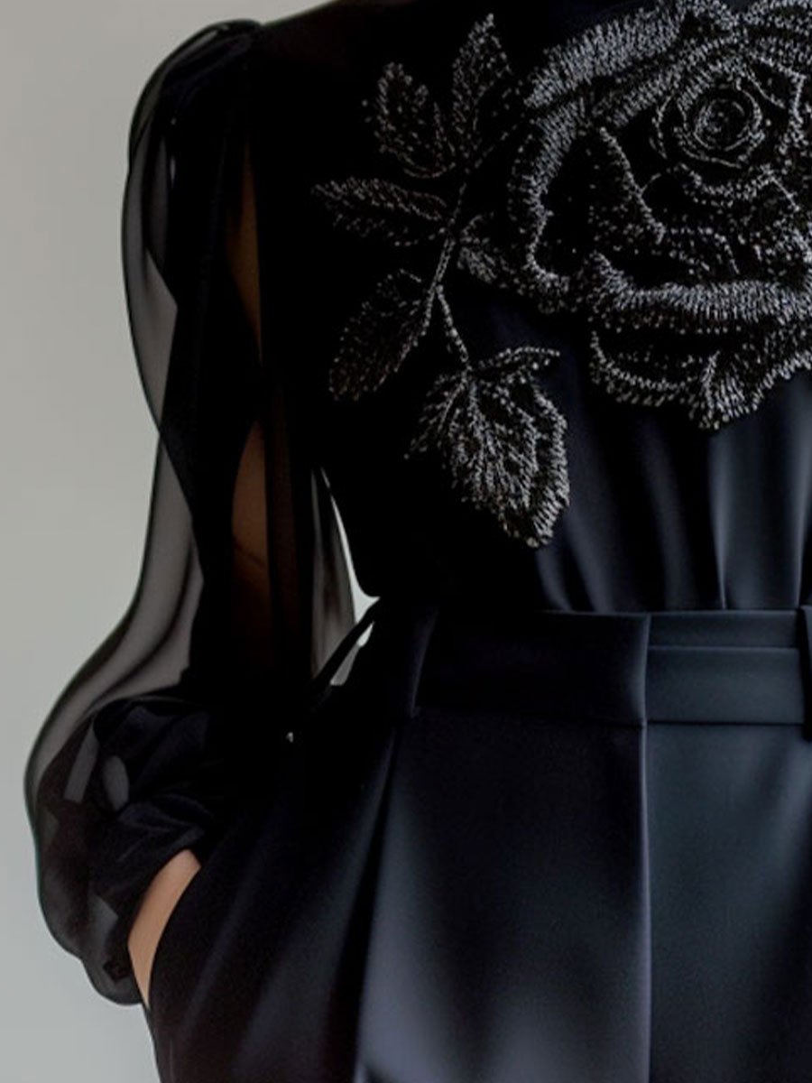 Sophisticated Sheer Sleeve Blouse with Floral Embellishment Sophisticated Sheer Sleeve Blouse with Floral Embellishment