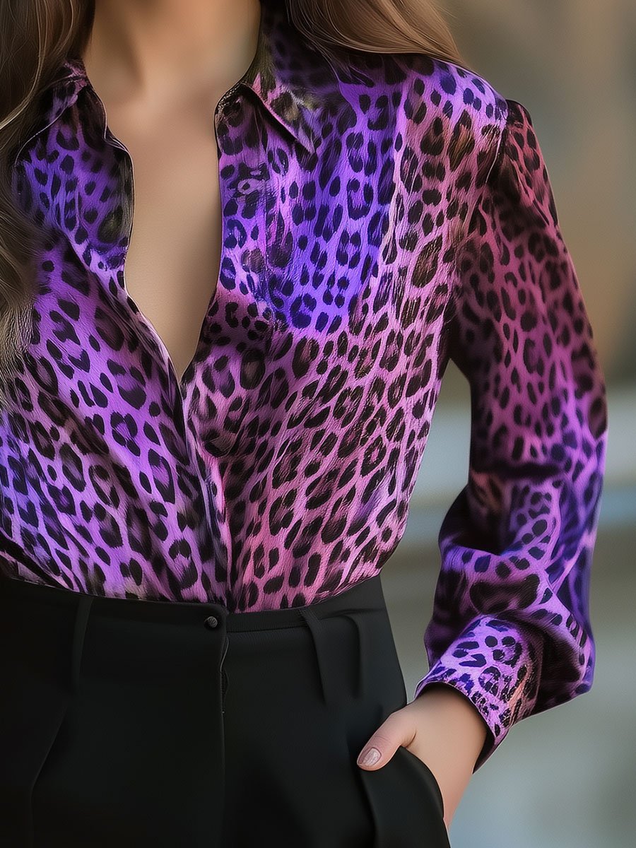 Vibrant Purple Leopard Print Satin Blouse Vibrant Purple Leopard Print Satin Blouse