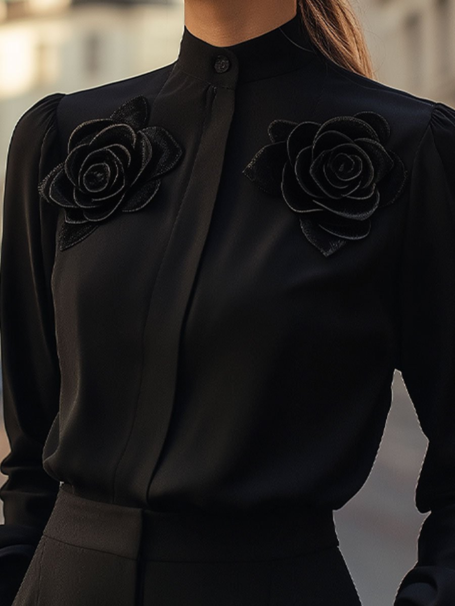 Sleek Black Blouse with Dimensional Rose Accents Sleek Black Blouse with Dimensional Rose Accents