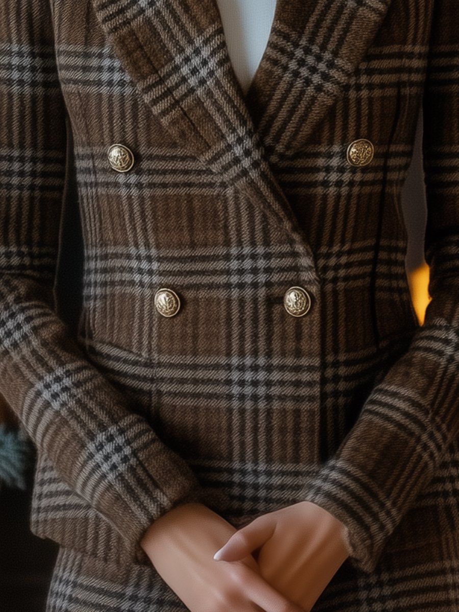 Plaid Double-Breasted Blazer with Faux Fur Collar Plaid Double-Breasted Blazer with Faux Fur Collar